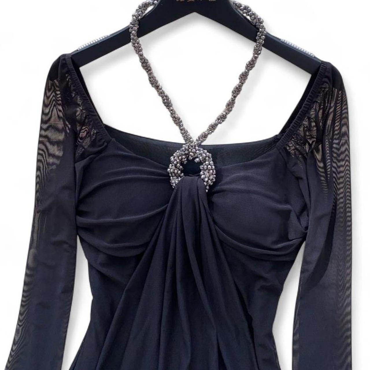 mesh long sleeve top with beaded neckline