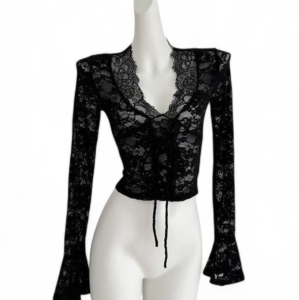 lace long sleeve top with tie waist