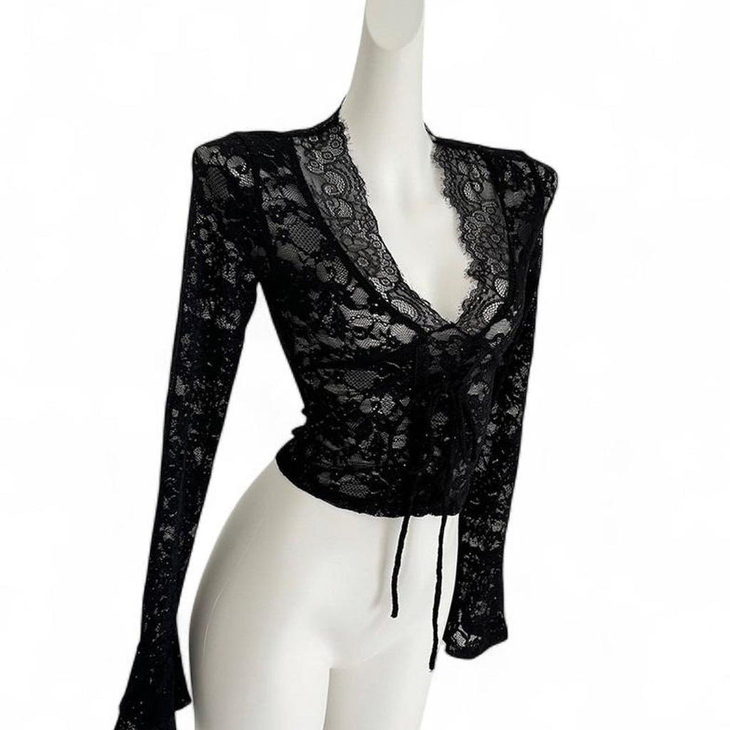 lace long sleeve top with tie waist