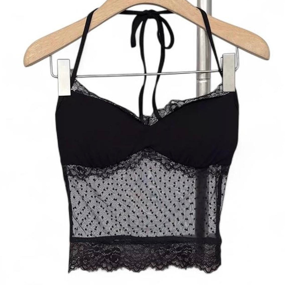black & white polka dot lace halter top with ruffles and bow detail