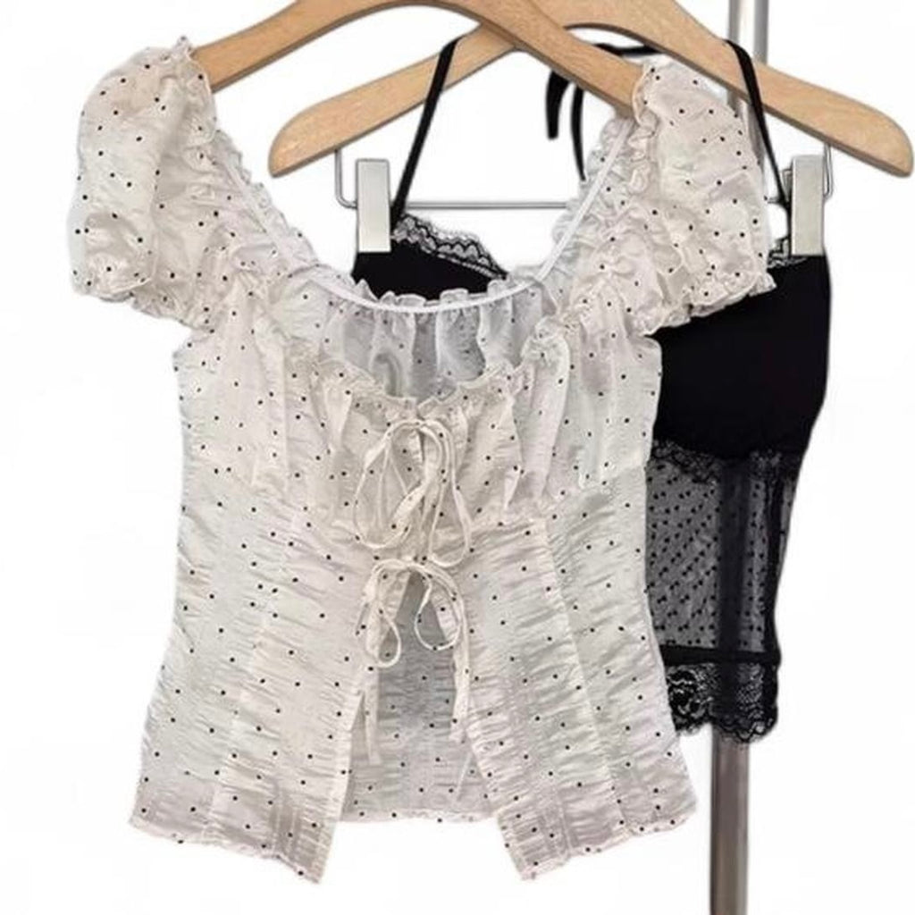 black & white polka dot lace halter top with ruffles and bow detail
