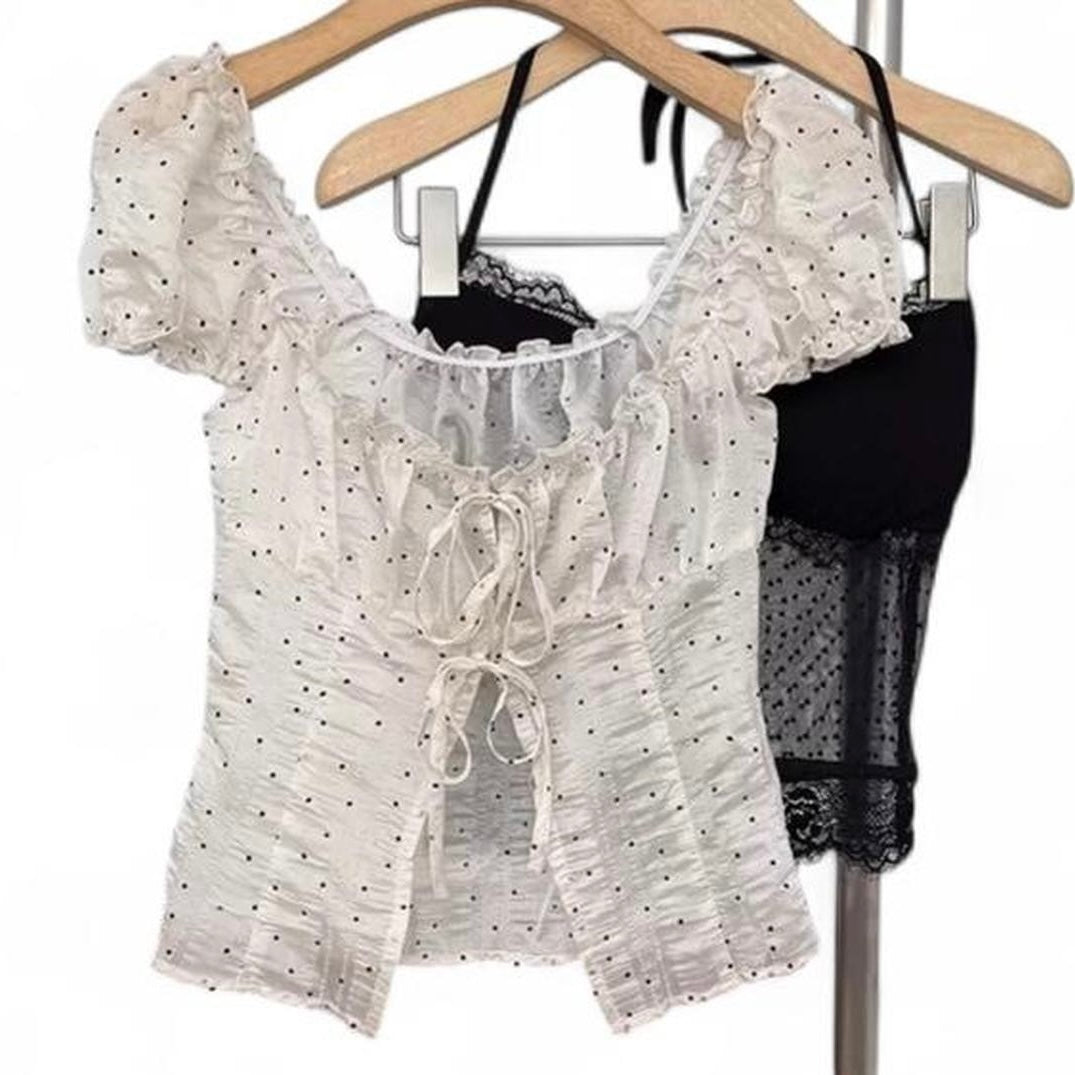 black & white polka dot lace halter top with ruffles and bow detail