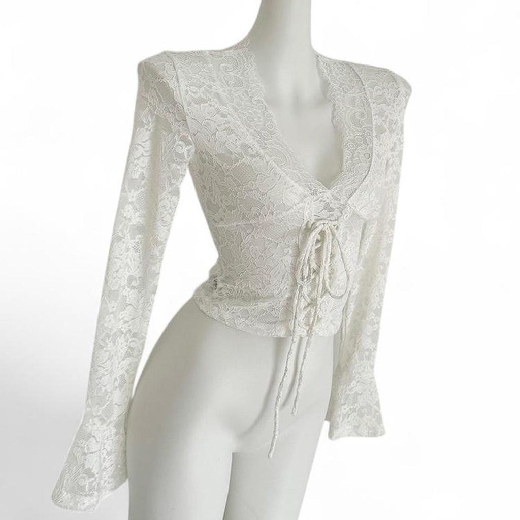 lace long sleeve top with tie waist
