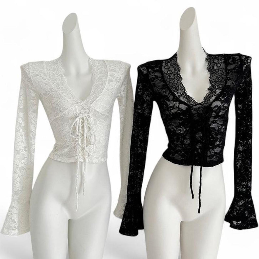lace long sleeve top with tie waist