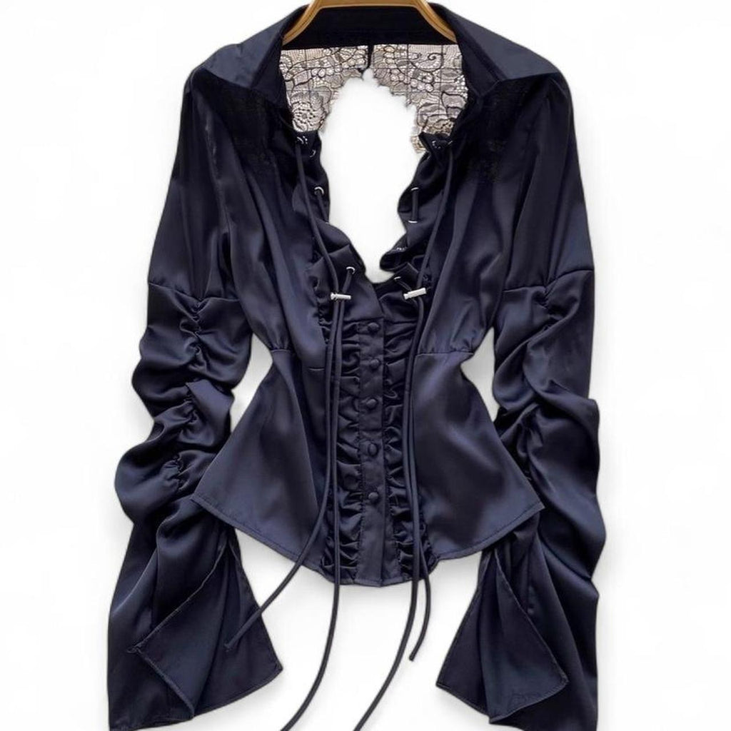 burgundy & black ruffle corset top with lace trim