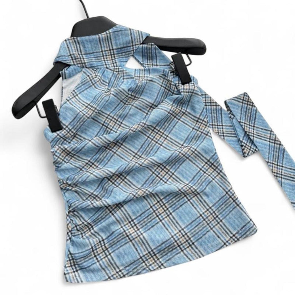 plaid halter top with tie detail