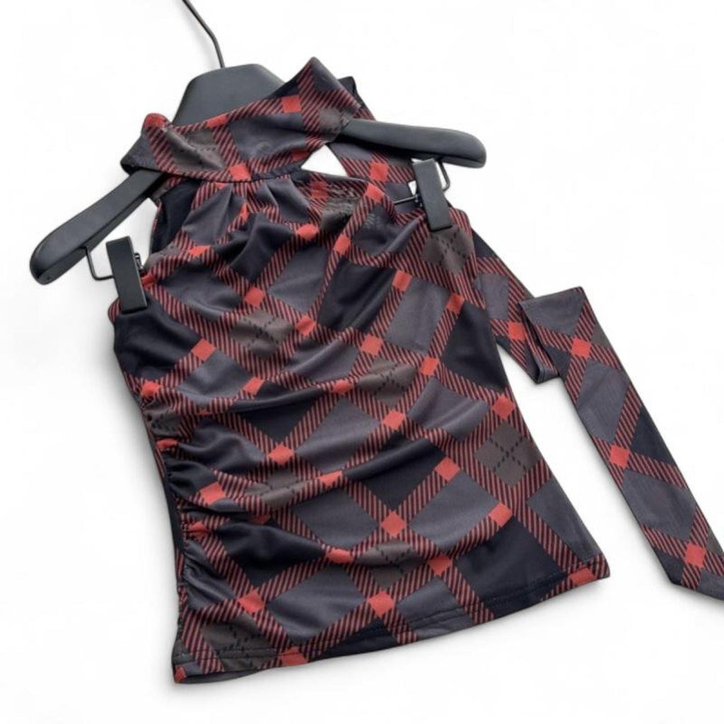 plaid halter top with tie detail