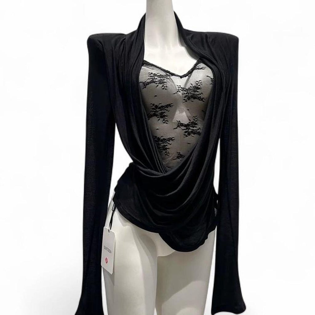 long sleeve draped top with lace details