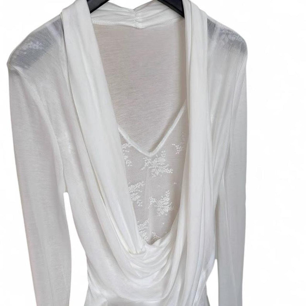 long sleeve draped top with lace details