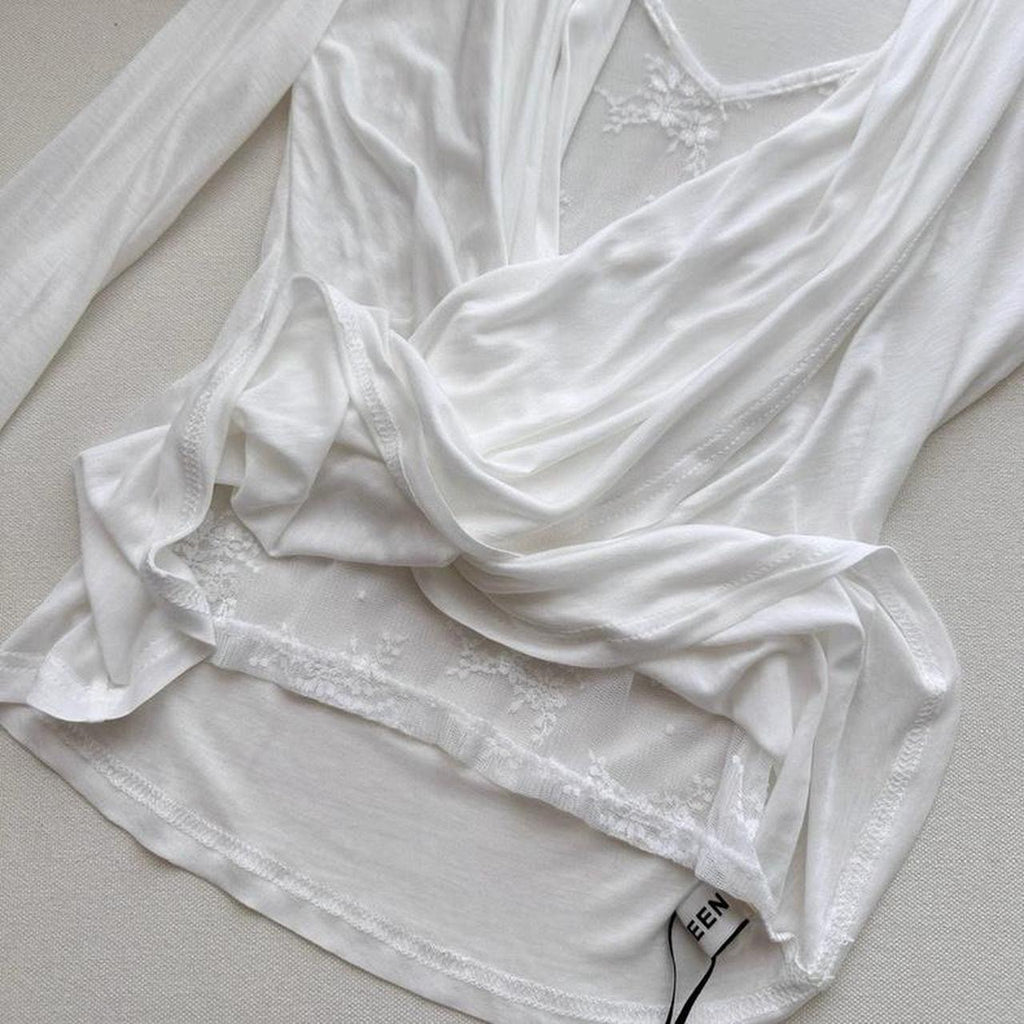 long sleeve draped top with lace details
