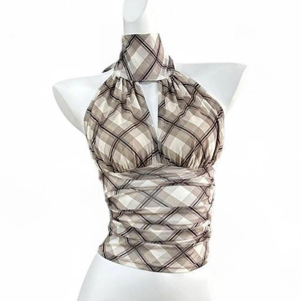 brown plaid halter top with tie detail
