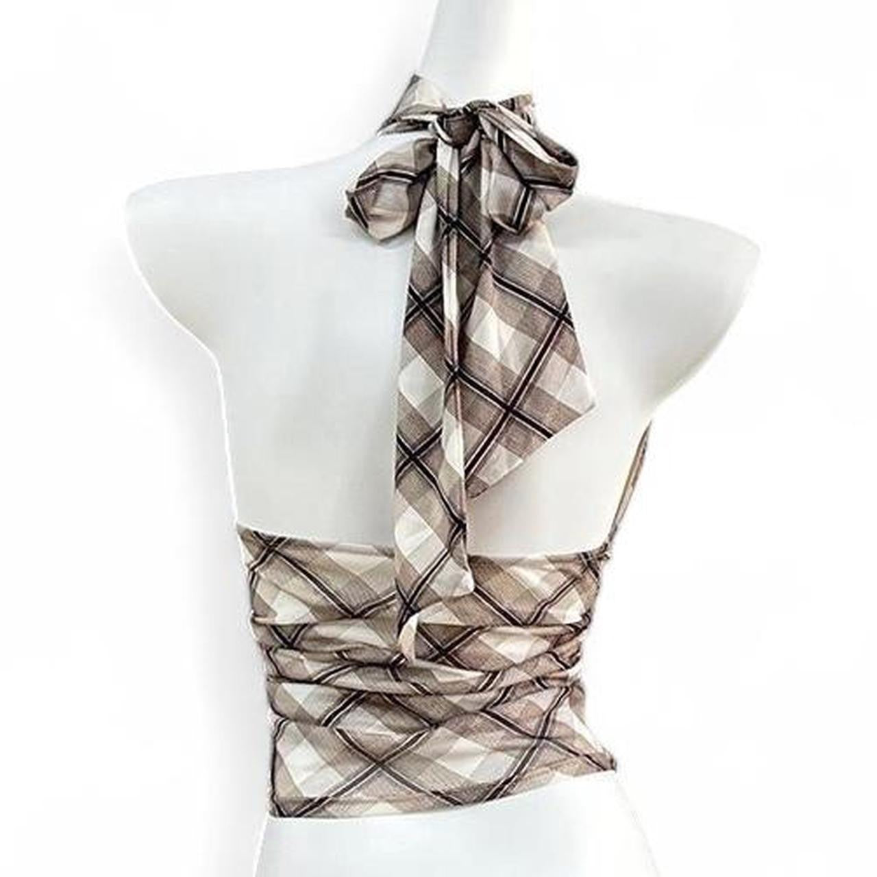 brown plaid halter top with tie detail