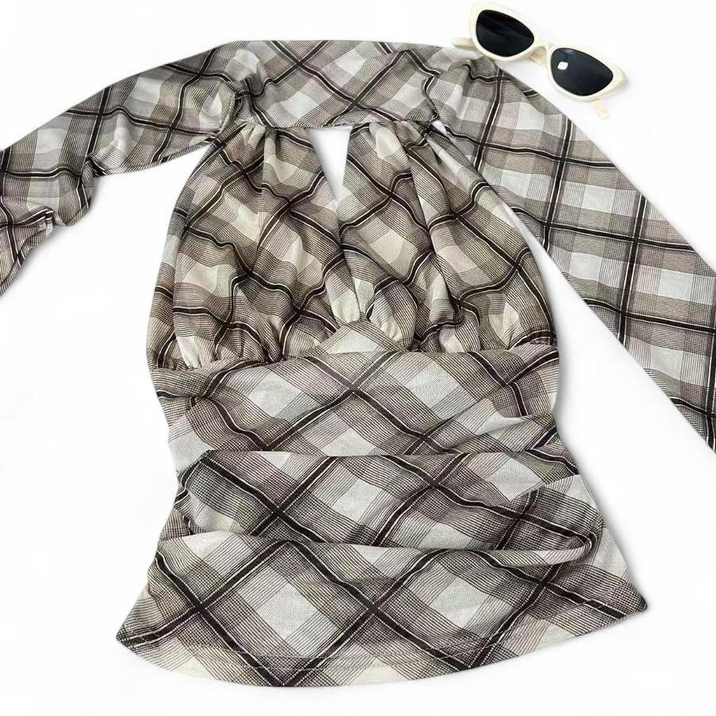 brown plaid halter top with tie detail