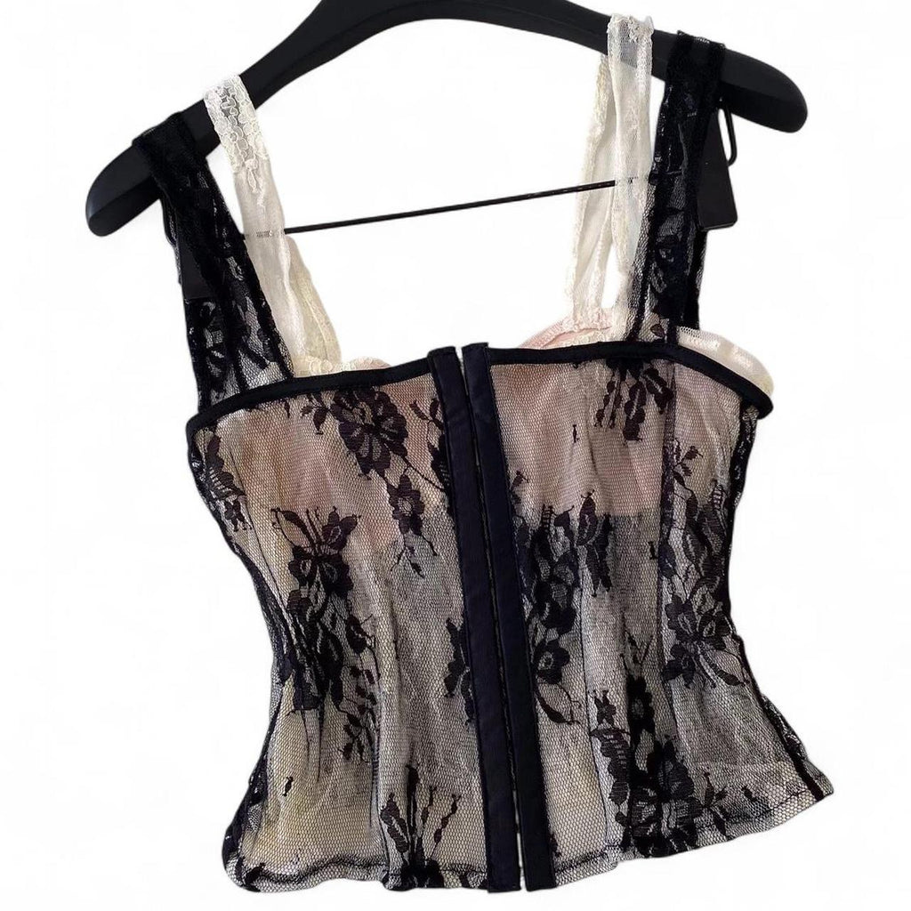 black & cream lace corset top with floral details