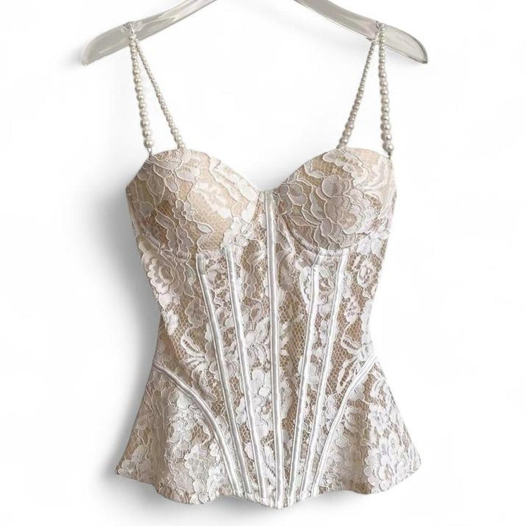 cream lace corset top with pearl straps