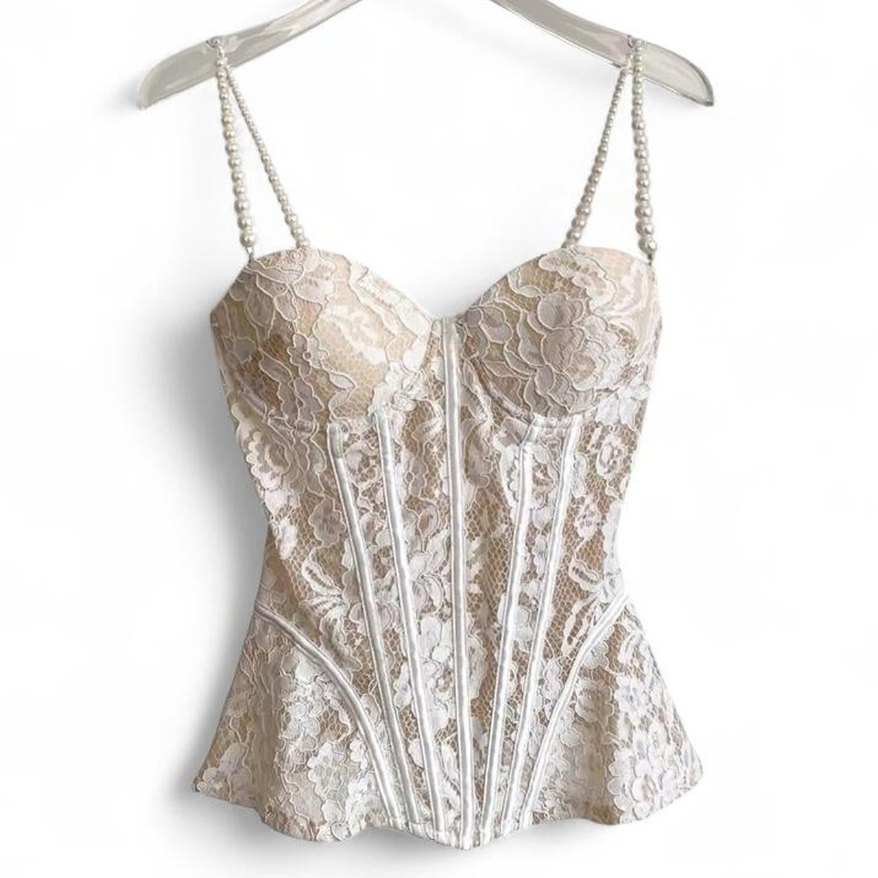 cream lace corset top with pearl straps
