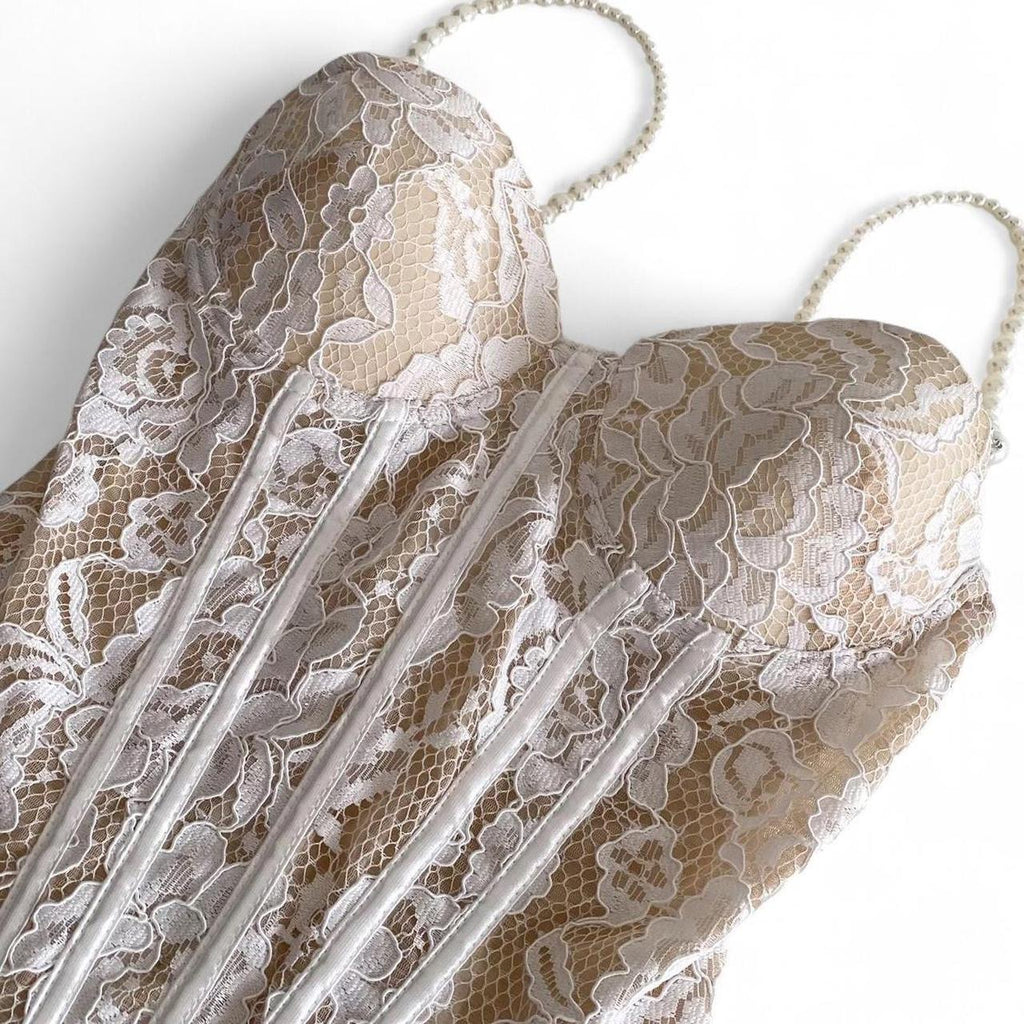 cream lace corset top with pearl straps