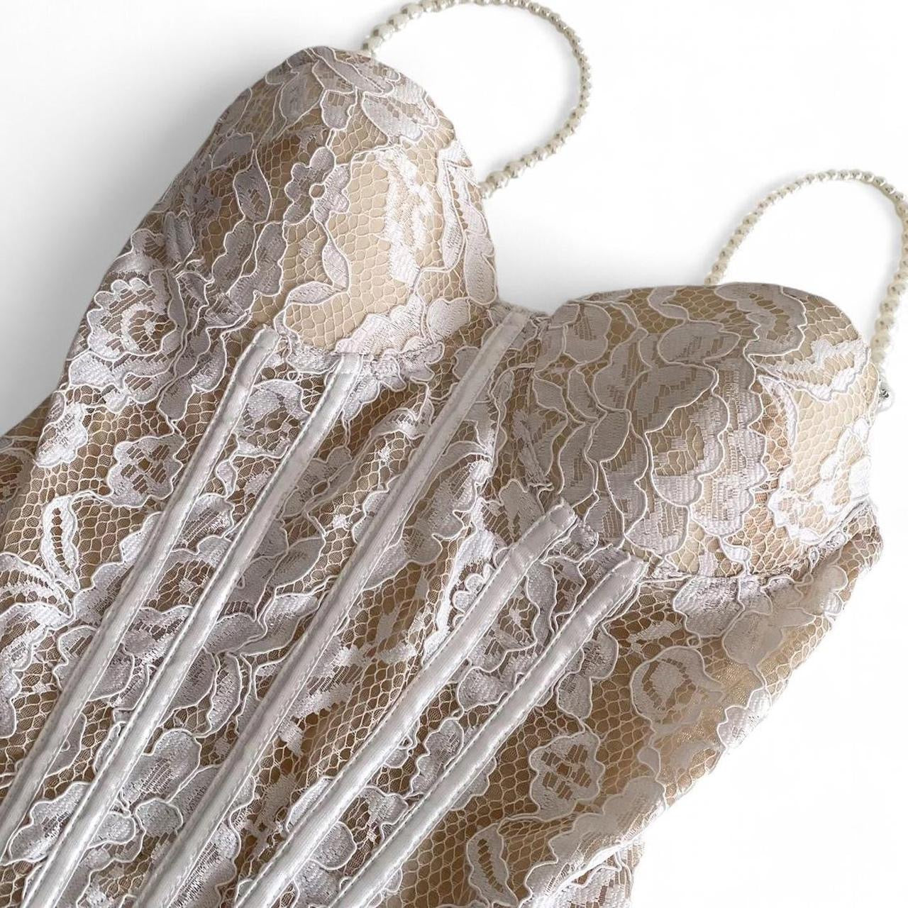 cream lace corset top with pearl straps