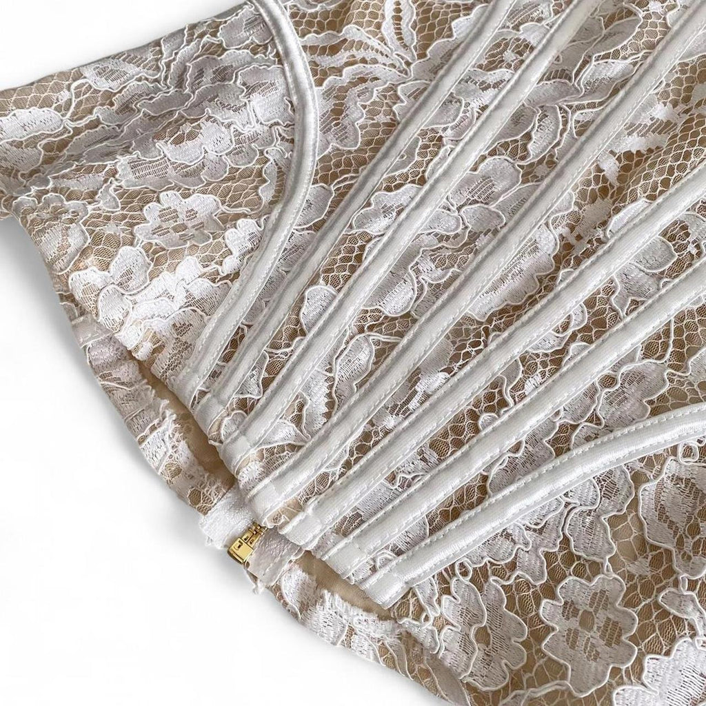 cream lace corset top with pearl straps