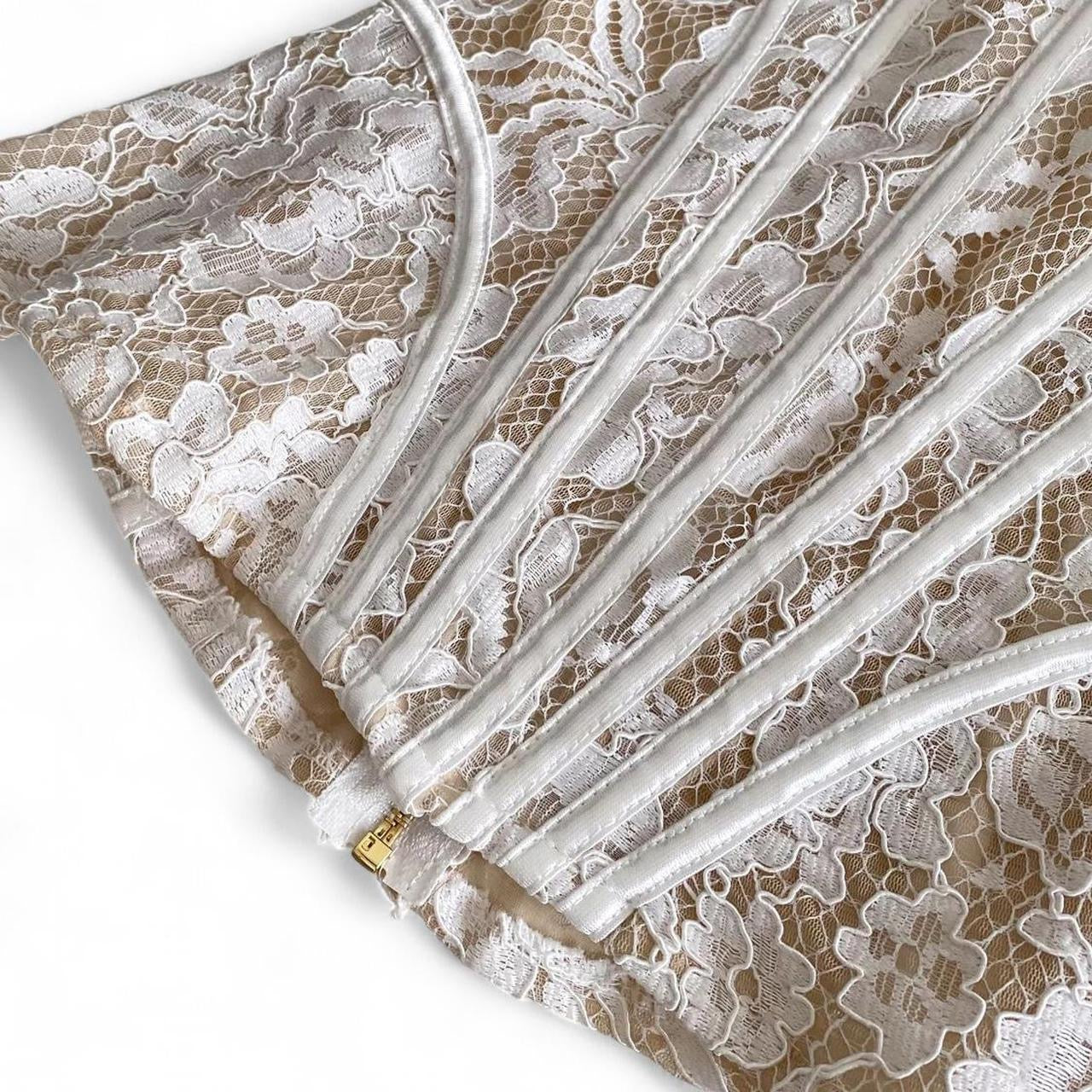 cream lace corset top with pearl straps