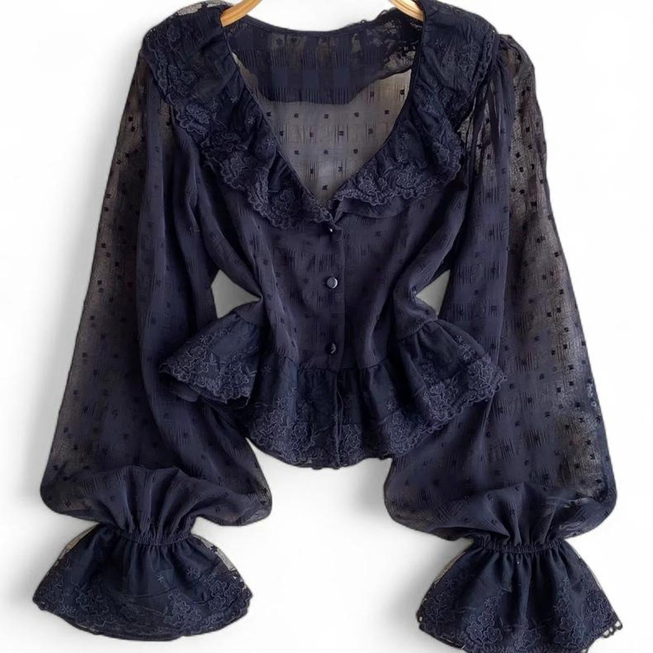 lace blouse with bell sleeves and button-up front