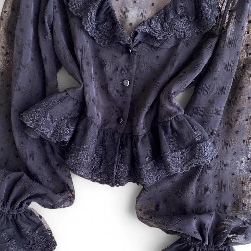 lace blouse with bell sleeves and button-up front