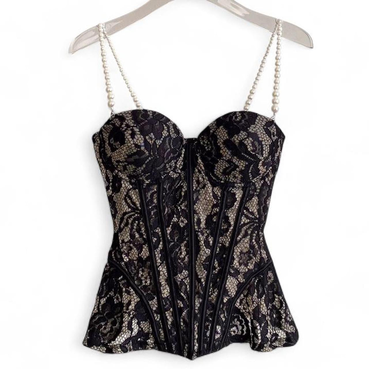 cream lace corset top with pearl straps
