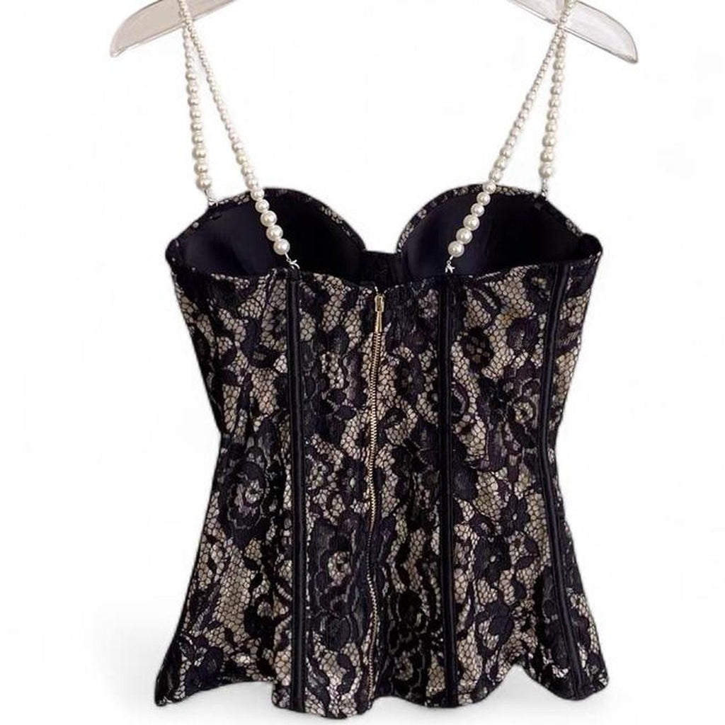 cream lace corset top with pearl straps