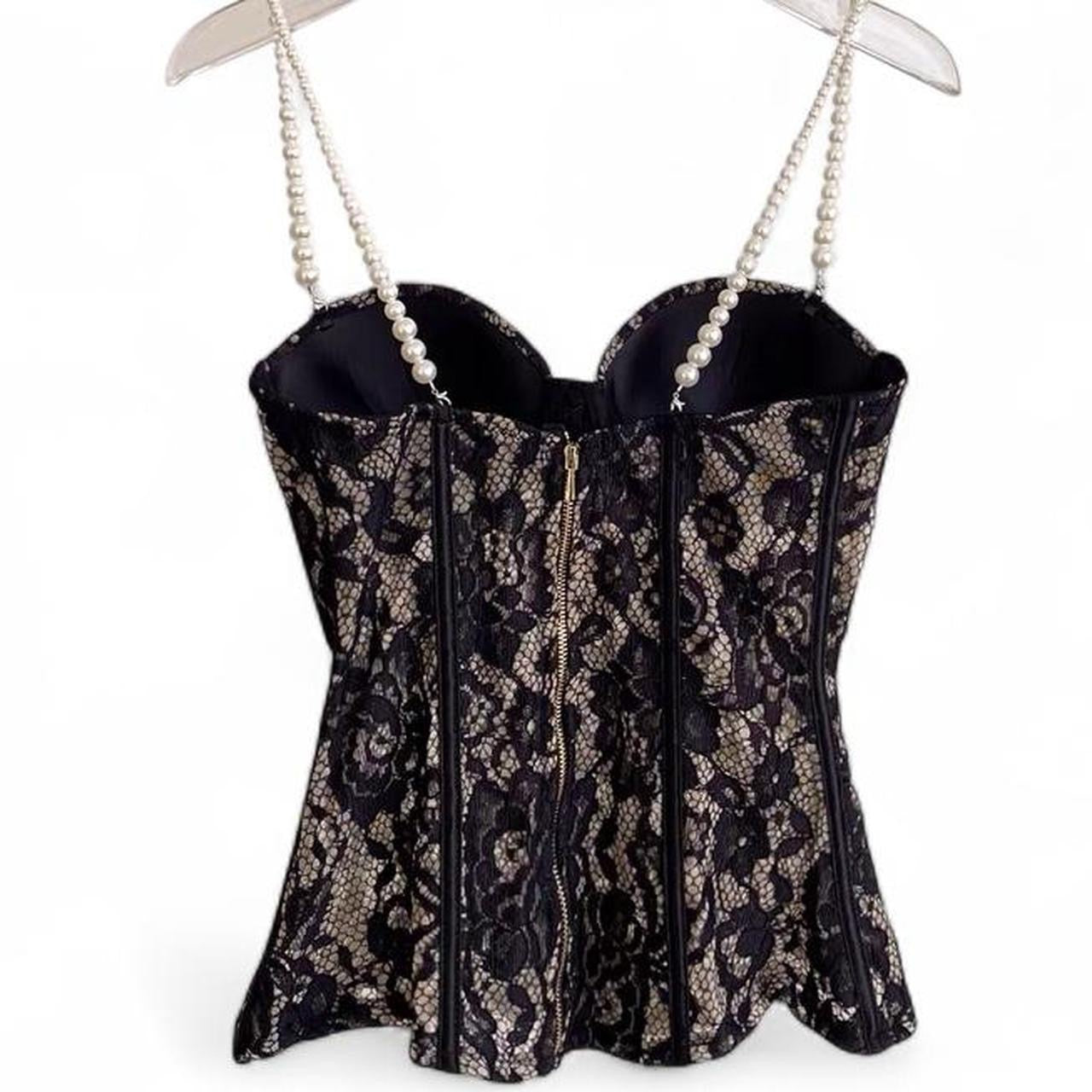 cream lace corset top with pearl straps