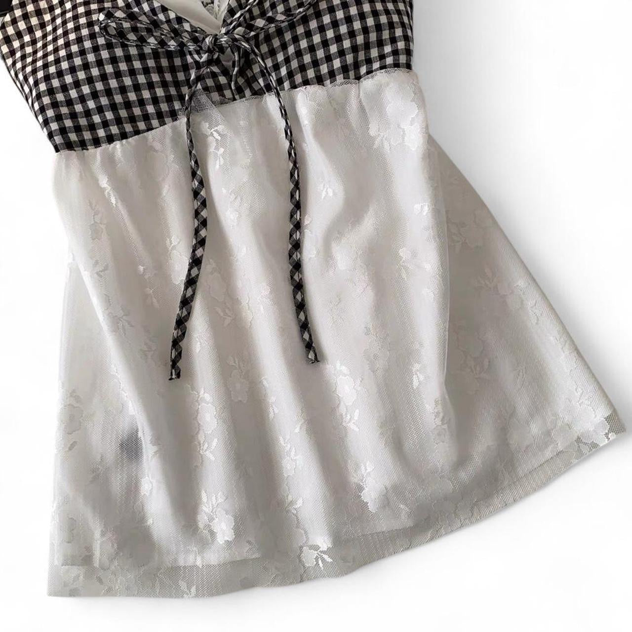 gingham lace cami top with adjustable straps and bow detail