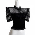 black velvet top with lace trim and bow detail
