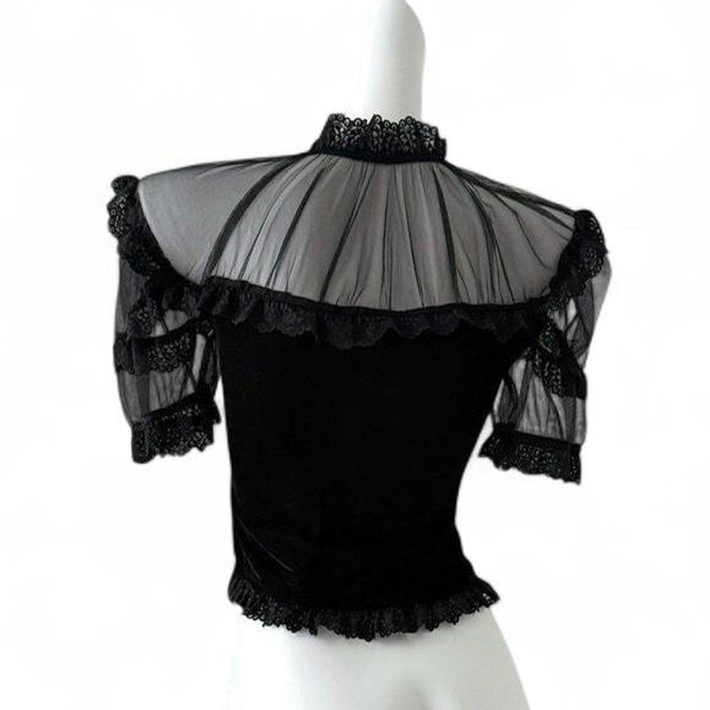 black velvet top with lace trim and bow detail