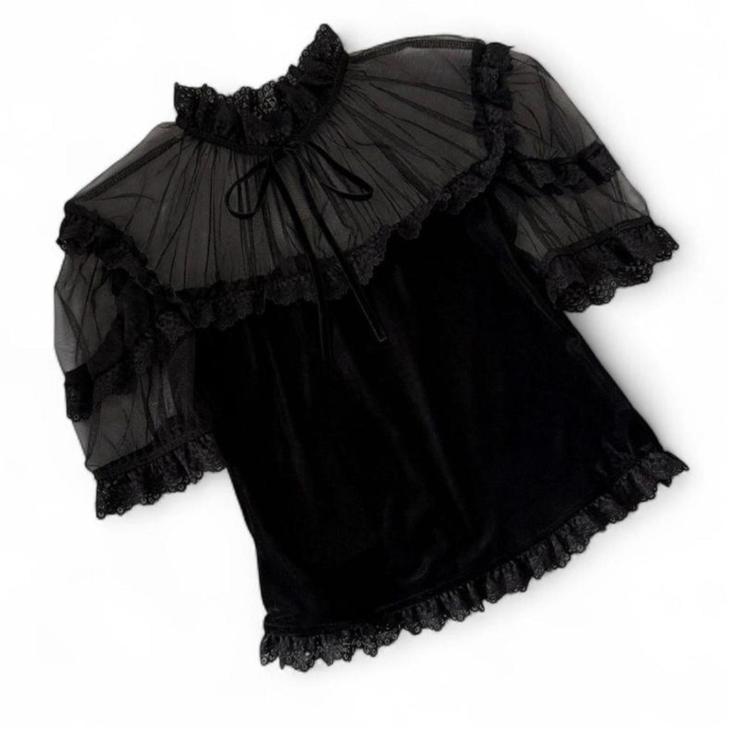 black velvet top with lace trim and bow detail
