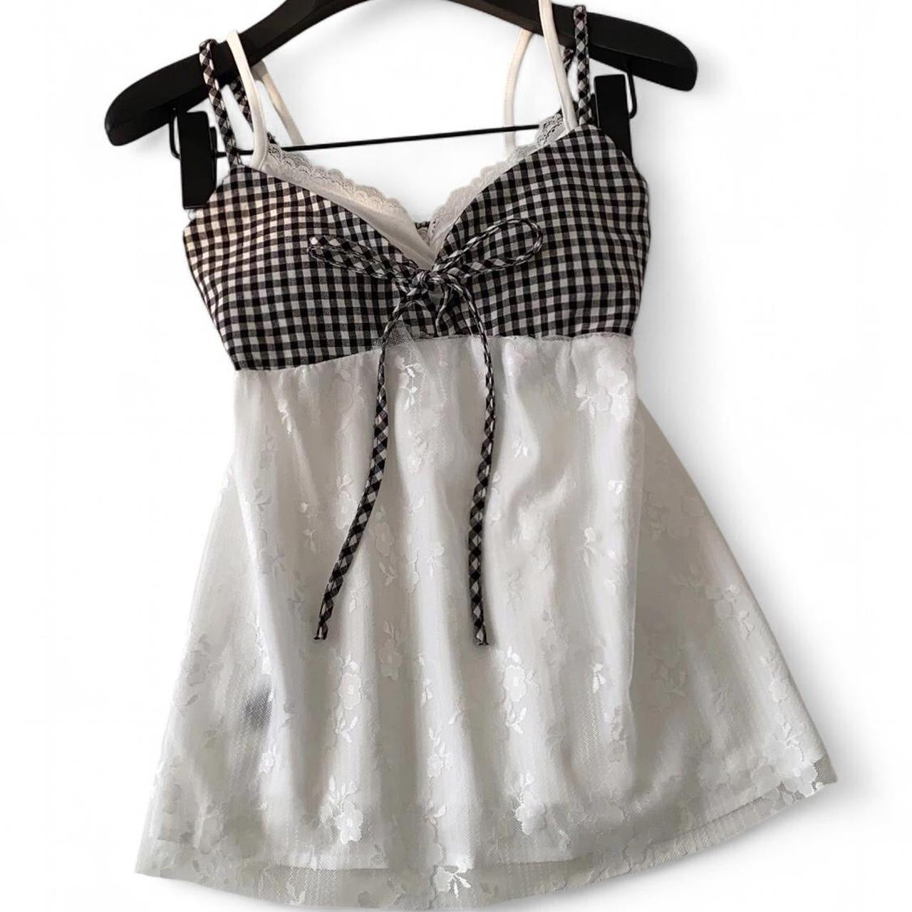 gingham lace cami top with adjustable straps and bow detail
