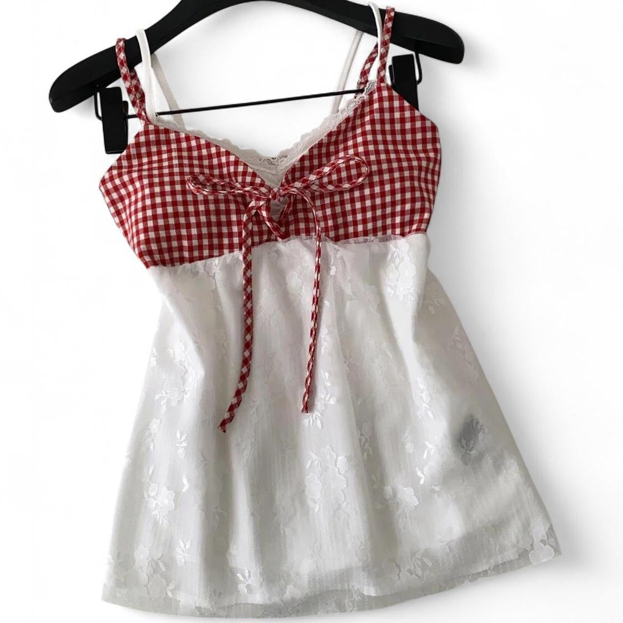 gingham lace cami top with adjustable straps and bow detail