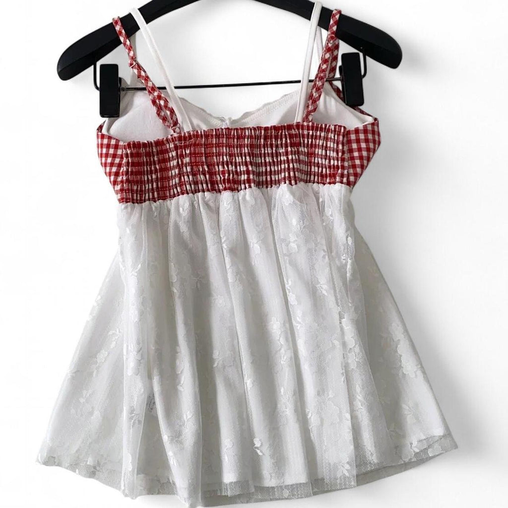 gingham lace cami top with adjustable straps and bow detail