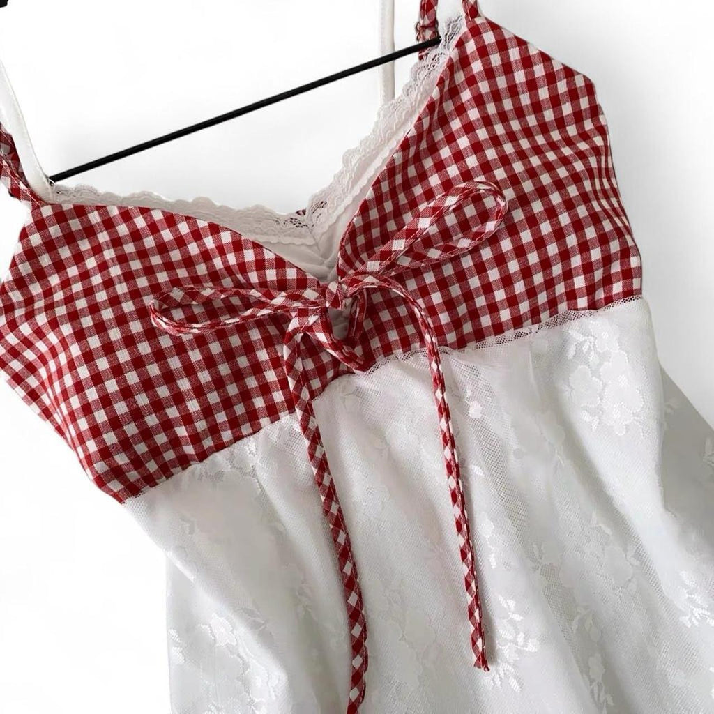 gingham lace cami top with adjustable straps and bow detail