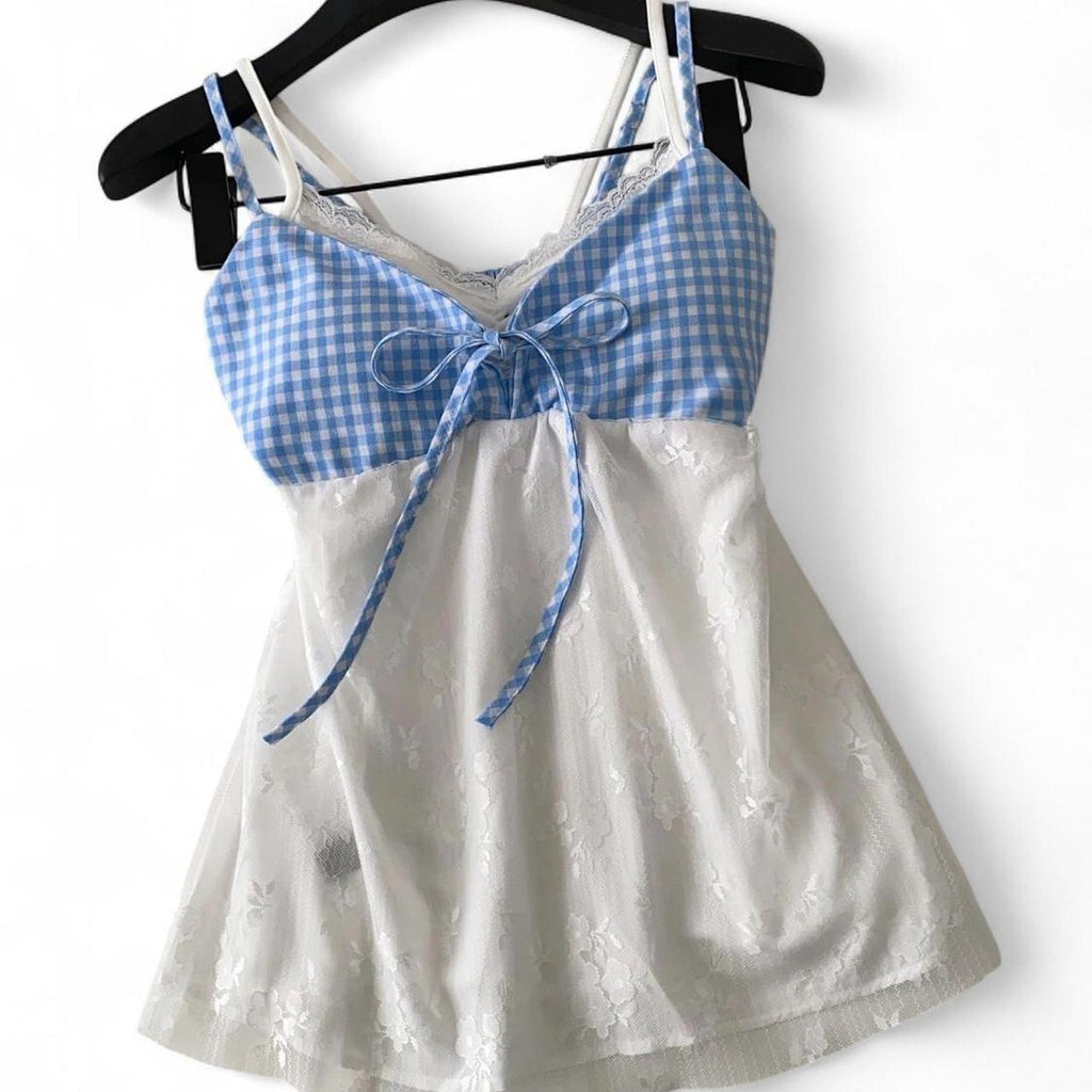 gingham lace cami top with adjustable straps and bow detail