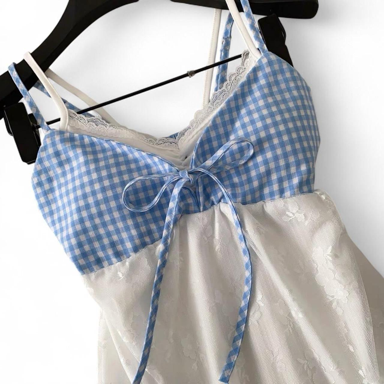 gingham lace cami top with adjustable straps and bow detail