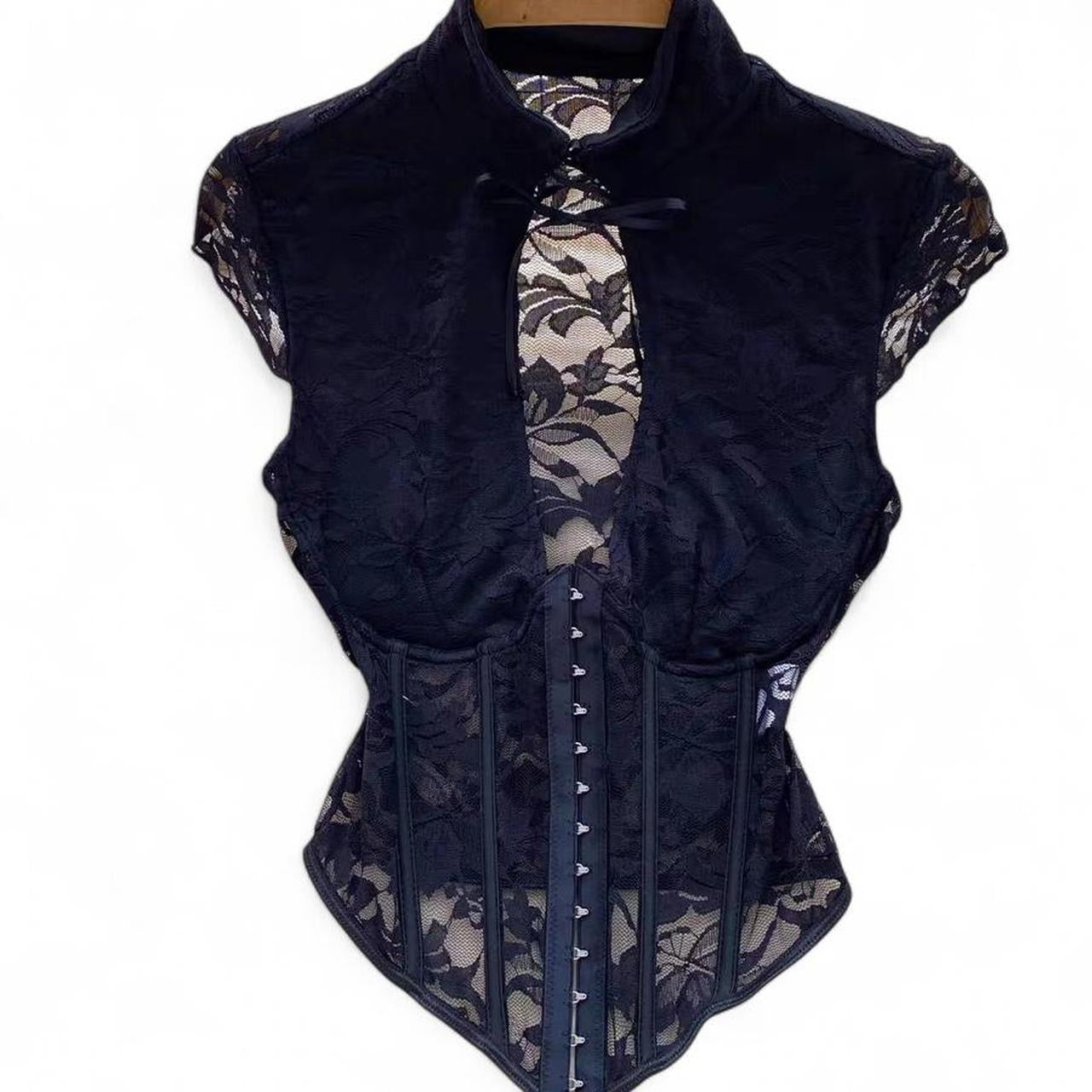 black lace corset top with bow detail