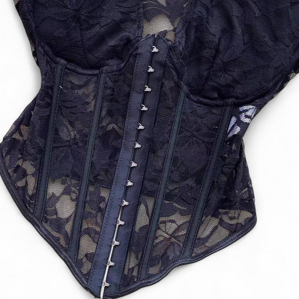 black lace corset top with bow detail