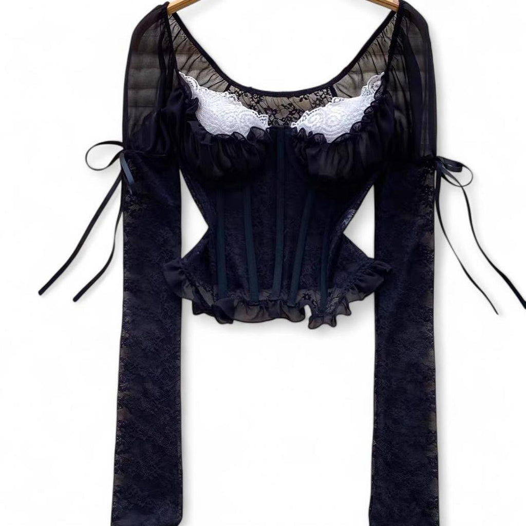 black lace corset top with sheer sleeves and ruffles