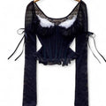 black lace corset top with sheer sleeves and ruffles