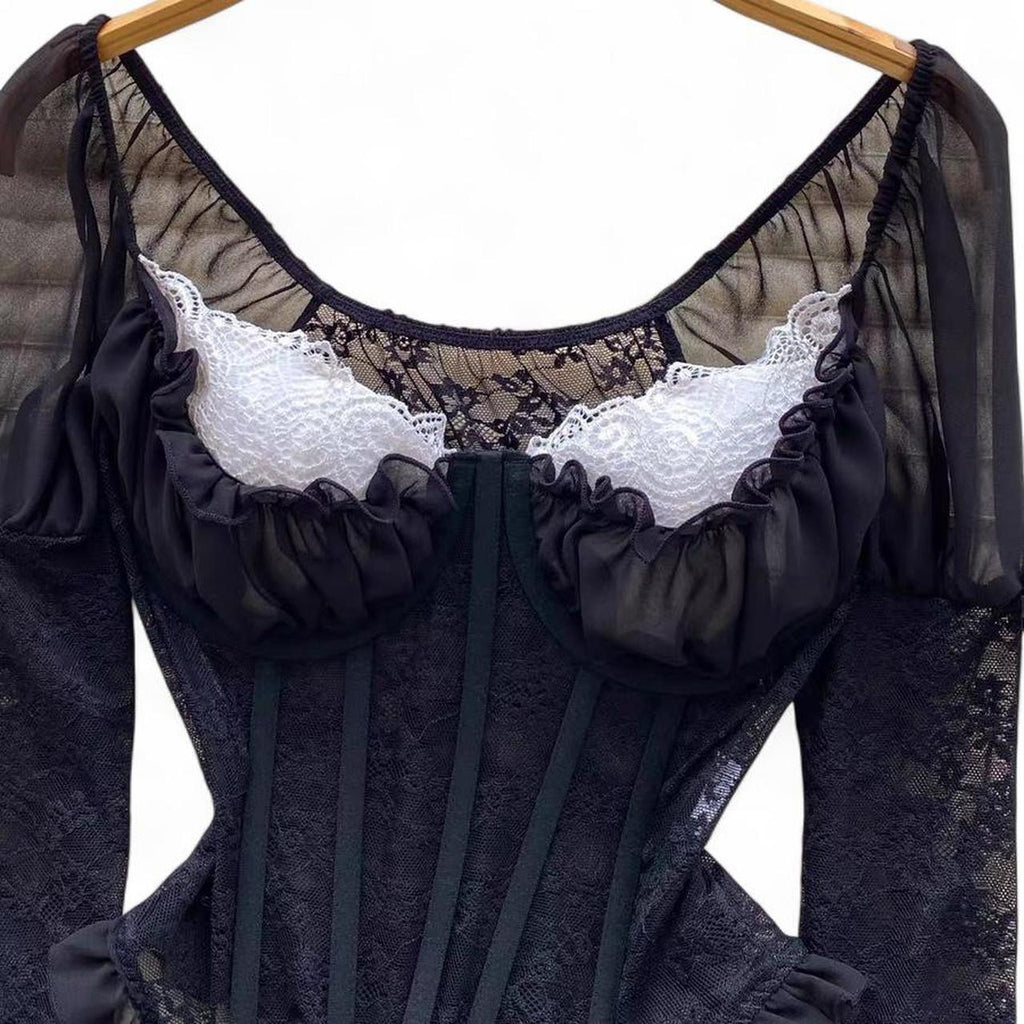 black lace corset top with sheer sleeves and ruffles