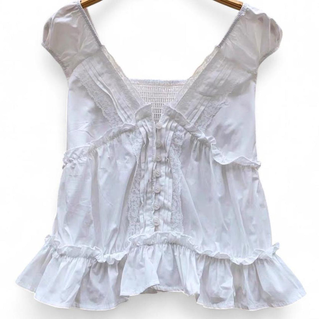 lace babydoll top with button front and ruffles