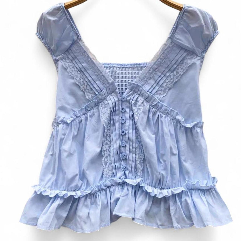 lace babydoll top with button front and ruffles
