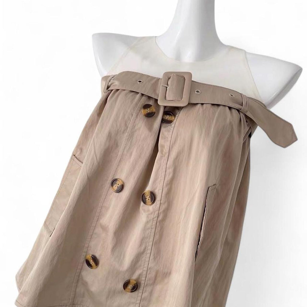 tan off the shoulder trench coat top with belt