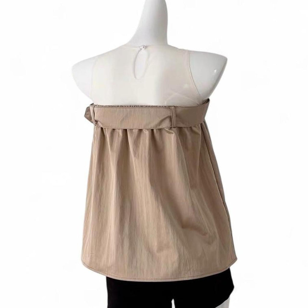 tan off the shoulder trench coat top with belt