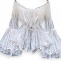 white lace off the shoulder blouse with bell sleeves and tie back