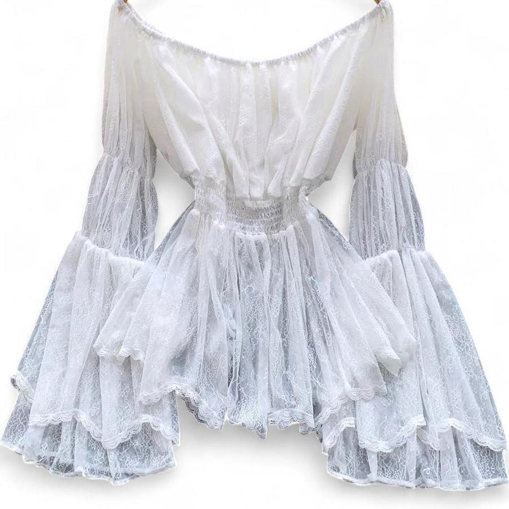 white lace off the shoulder blouse with bell sleeves and tie back